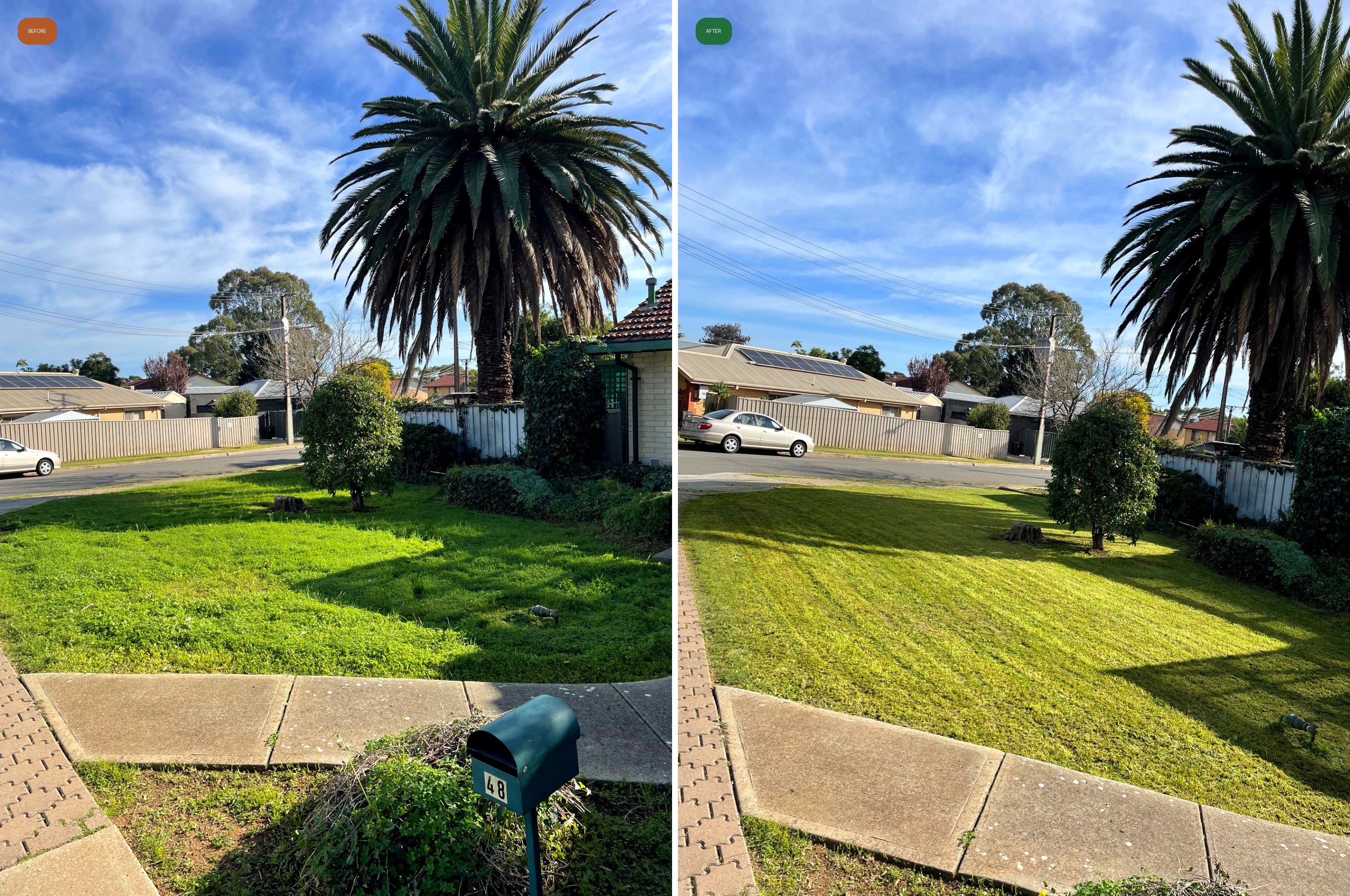 Before and after: Front lawn mow & nature strip clean-up in Ingle Farm, SA