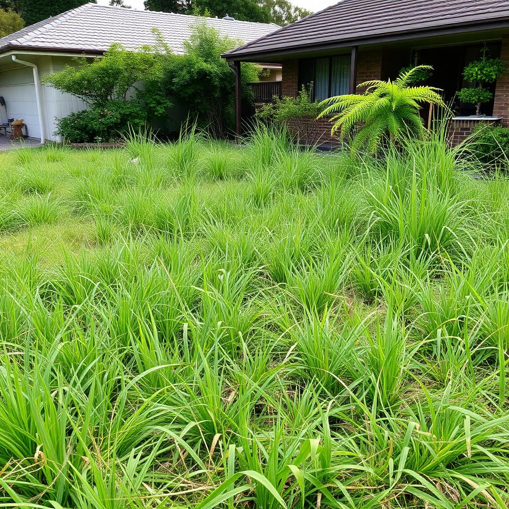 Overgrown lawn revived — before